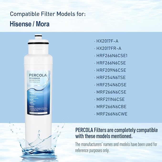 HX2017FR-A Water Filter, Compatible with Hisense® HX2017F-A, HRF266N6CSE1, HRF266N6CSE, HRF209N6CSE, HRF254N6TSE, HRF254N6DSE, HRF210N6CBE, Mora MRF211N6CSE, MRF266N6CSE (3 Pack)