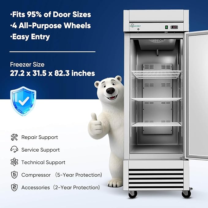 Commercial Freezer Upright Single Door 27" Stainless Steel Reach In Frost Free Upright Freezers 20 cu ft Garage Ready Restaurant Kitchen Industrial Freezer Commercial Stand Up Freezers Standing