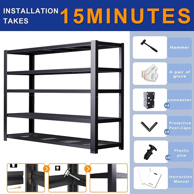 Heavy Duty Storage Shelves 24" D x 62" W x 72" H, 3050 lbs Metal Shelving Rack, Garage Storage Shelf, Estantes de Almacenamiento, Black Basement Shelving Unit, Adjustable Garage Rack