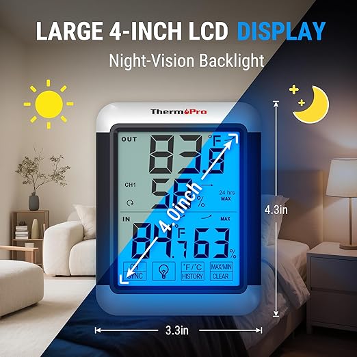 ThermoPro TP65 Indoor Outdoor Thermometer Digital Wireless Hygrometer Temperature Humidity Monitor with Jumbo Touchscreen and Backlight Humidity Gauge,LCD