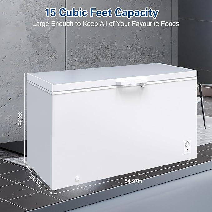 15.0 Cu.Ft Deep Freezer, Large Chest Freezer for Families with Removable Basket& 8 Adjustable Thermostat, Energy Saving Freezer Front Drain Free Standing Top Open Door for Home, Kitchen, White
