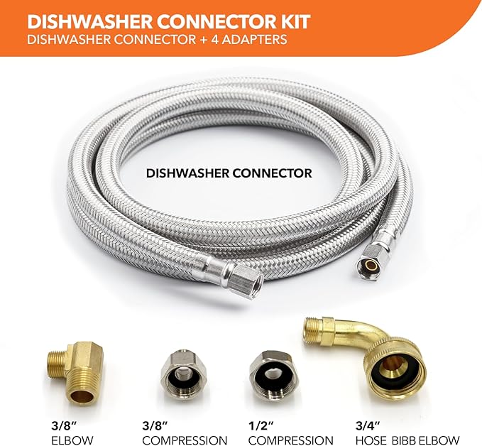 Universal Dishwasher Installation Kit, 3/8" Compression, 5ft long Braided Stainless Steel Hose + 3/4" Hose Bibb Elbow + 3/8" Compression Elbow & Compression Adaptor + 1/2" Compression Adaptor