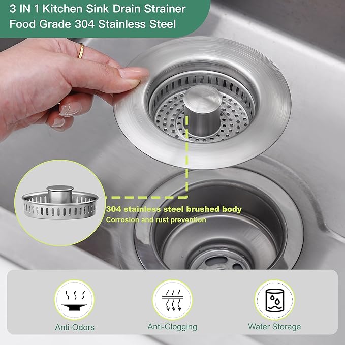 Sink Drain Strainer 3 in 1, 304 Stainless Steel Pop Up Sink Stopper, Anti-Clogging Sink Strainer, Kitchen Sink Strainer, Drain Cover and Kitchen Accessories for US Standard Sink(Silver)