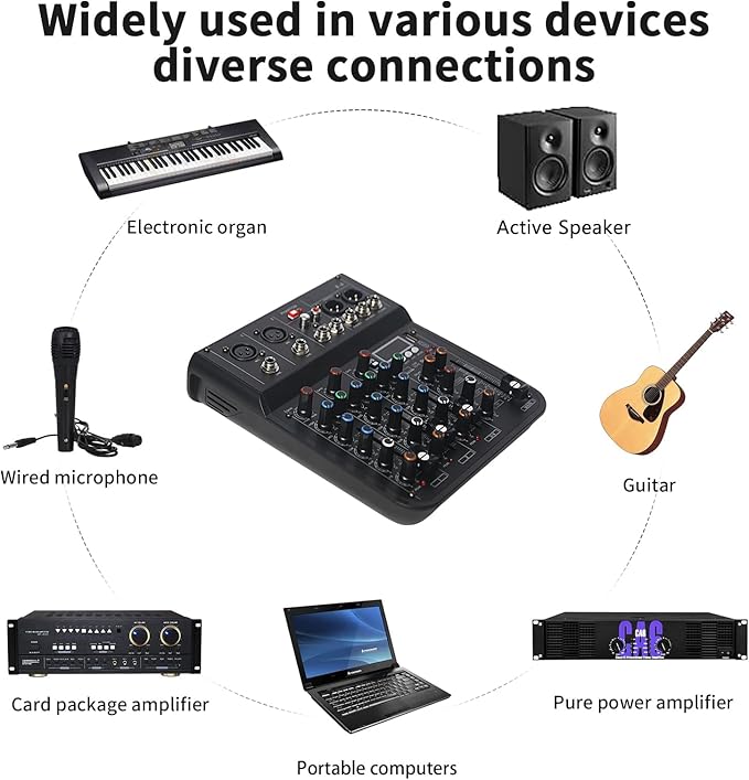 4 Channel mixer, DJ Mixer Board with Bluetooth and Usb, Audio Sound Card with Interface Recording and 48V Phantom Power, Sounds Mixer Board with FX Reverb Delay Effect for Streaming