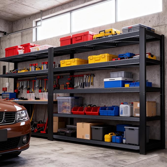 Heavy Duty Storage Shelves 24" D x 55" W x 84" H, 3050 lbs Metal Shelving Rack, Garage Storage Shelf, Estantes de Almacenamiento, Black Basement Shelving Unit, Adjustable Garage Rack