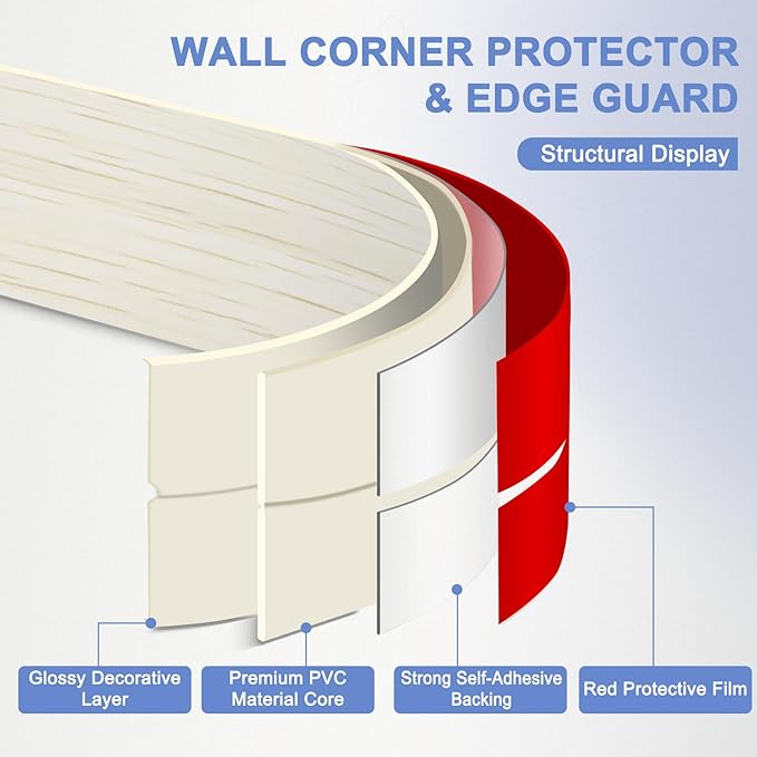 Wall Corner Protector Moulding Trim Peel and Stick Wall Corner Guards Trim Flexible Self Adhesive Edge Protector Moulding, 2.4 in x 10 Ft, Beige Wood