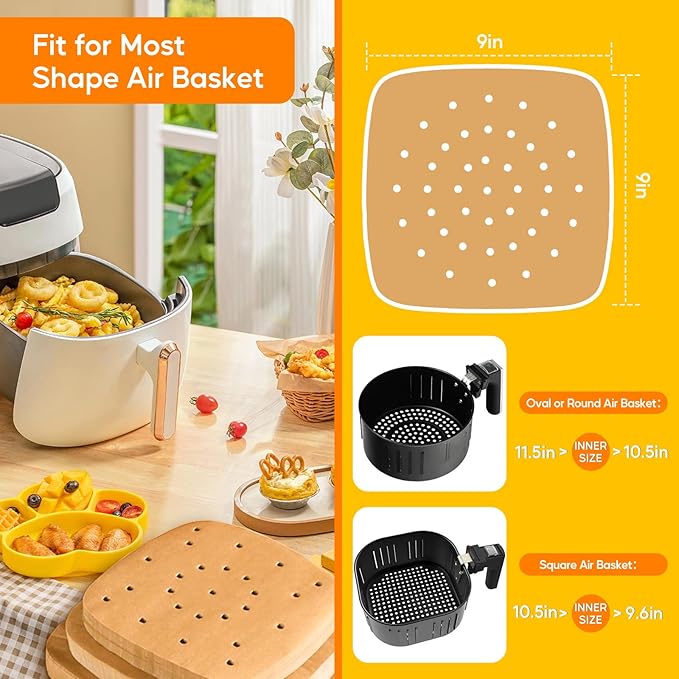 Katbite 200Pcs 9 Inch Parchment Paper, Heavy Duty Perforated, Unbleached Liners, Squares for Air Fryer, Steamer, Oven, Frying Chicken
