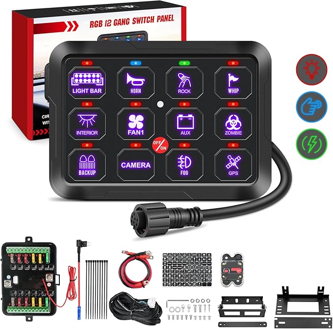 Nilight 12 Gang Switch Panel 12V 24V Universal Circuit Control Relay System with RGB Backlight Fuse Relay Wiring Harness Automatic Dimmable ON Off LED Switch Pod for Car Pickup Truck Camper SUV