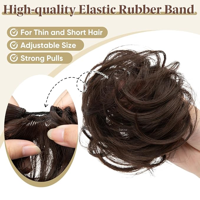 CJL HAIR 2PCs Small Cute Messy Bun Hair Piece for Thin Hair Women Mini Synthetic Curly Bun Scrunchies Updo Hairpieces Beige Multi