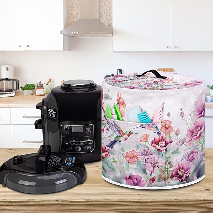 Flashideas Purple Flower Pressure Cooker Cover with Storage Pocket Compatible with 8 10 Quart Instant Pot, Durable Rice Cooker Air Fryer Accessories, Waterproof Kitchen Appliances Dust Cover