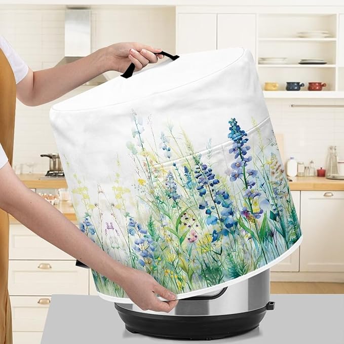 Insulated Pressure Cooker Appliance Cover, Also Fit for Rice Cooker, Air Fryer and Crock Pot, 3 Qt Dust Cover with Pocket for Spoon/Cooking Utensils/Recipes, Blue Green Floral