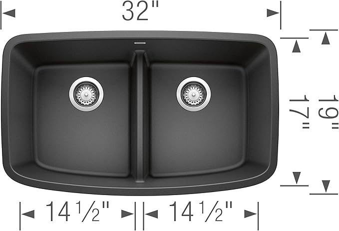 BLANCO, Anthracite 442200 VALEA SILGRANIT 50/50 Double Bowl Undermount Kitchen Sink with Low Divide, 32" X 19"