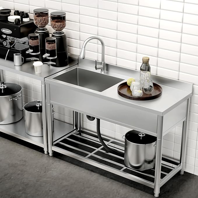 Commercial Sink with Drainboard, Stainless Steel Utility Sink with Pull-out Faucet, Free Standing Single Bowl Kitchen Sink with Workbench for Restaurant, Garage, Outoor, 21.7"D x 47.2"W x 37"H