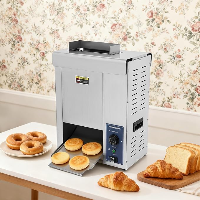 Commercial Burger Bun Toaster, 2000W Electric Vertical Burger Bread Baking Machine with Recessed Side Handles, Commercial Adjustable Temperature & Thickness Hamburger Bread Baking Machine