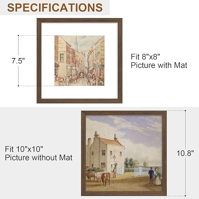 Vittanly 10x10 Picture Frame, Solid Wood Frame with Plexiglass, Includes 8x8 Mat, Wall Hanging or Tabletop for Photos, Home Decor, Brown, 1 Pack