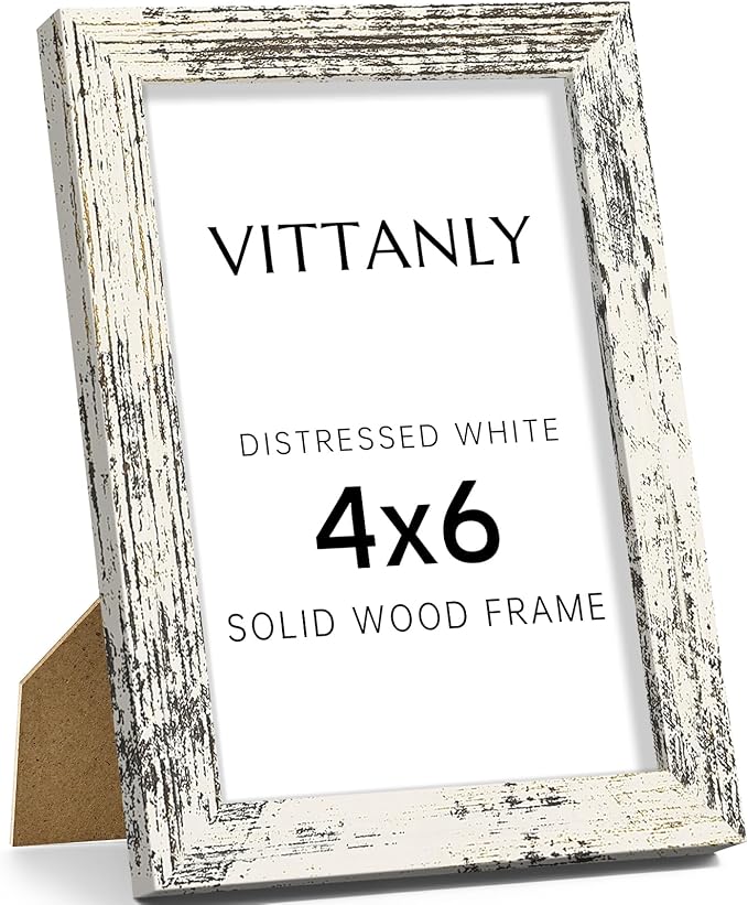 Vittanly 4x6 Picture Frame, Solid Wood Frame with Plexiglass, Includes 3.5x5 Mat, Wall Hanging or Tabletop for Home Decor, Distressed White, 1 Pack