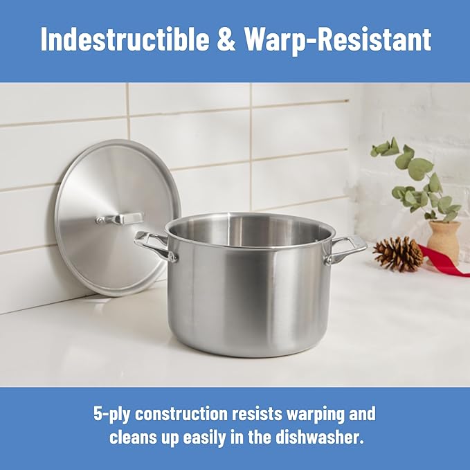 Misen 5-Ply Stainless Steel Stockpot – Large Cooking Pot for Boiling, Simmering & Stewing - Consistent, Even Heating - Durable, Dishwasher Safe – Oven-Safe to 800F, Induction Ready - 8 QT