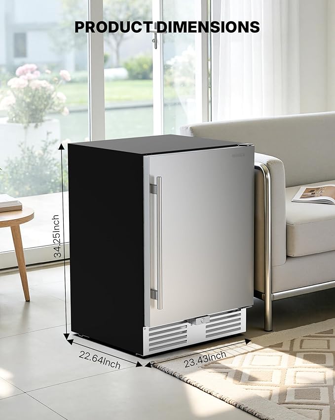 Upstreman 24 Inch Outdoor Refrigerator, Under Counter Refrigerator with Stainless Steel Door, Weatherproof, LED Light, Built-in or Freestanding Beverage Fridge for Home, Patio or Commercial Use-BR50