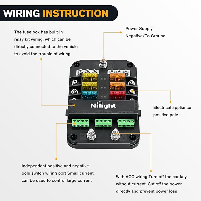 Nilight 6 Way Fuse Relay Block with Acc Control Negative Bus 12V Blade Holder ATC/ATO Box Label Stickers Waterproof Cover Panel for Automotive Cars Motorcycle RVs Vans