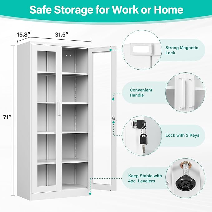 Metal Storage Cabinet with Lock and Glass Doors,71" Tall Glass Display Cabinet,White Storage Cabinets,Locking Curio Cabinets with 5 Shelves for Collectibles,Home,Office,Living Room
