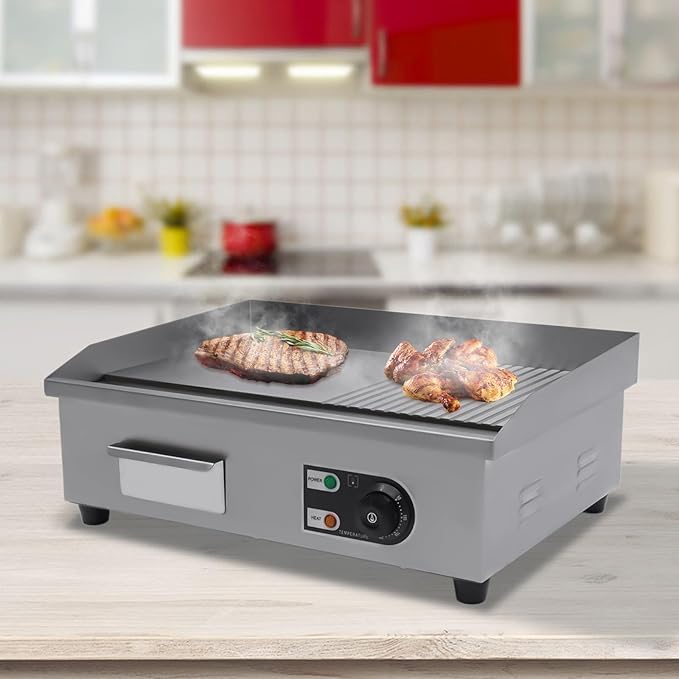 22" Electric Countertop Flat Top Griddle, 1600W Commercial Electric Griddle, Stainless Steel Teppanyaki Grill with Temp Control 122°F-572°F, Countertop BBQ Grill for Home Restaurant
