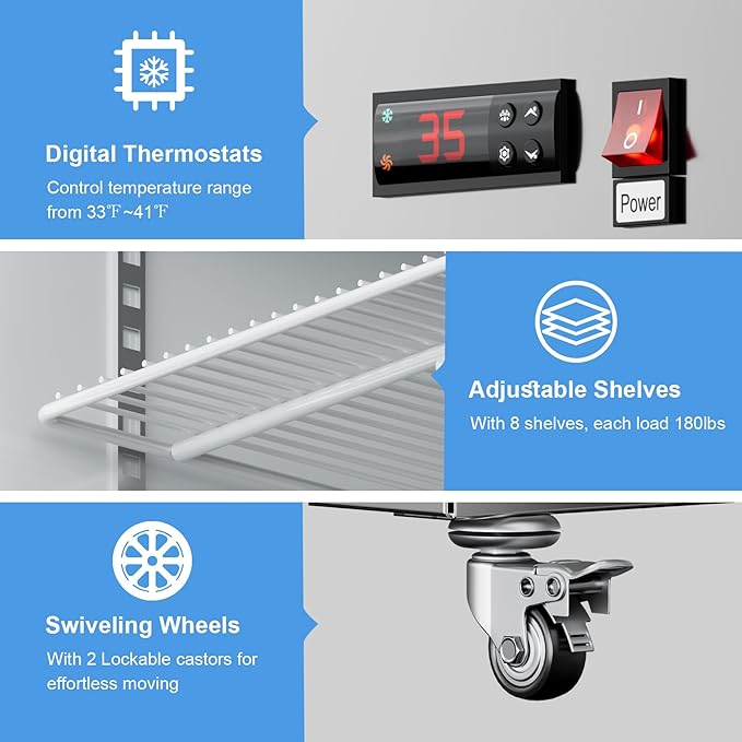 Commercial Refrigerator 48"W 4 Door Stainless Steel Reach-in Solid Door Upright Fridge Fan Cooling 36 Cu.ft Refrigerators 32-47°F for Restaurant, Bar, Shop