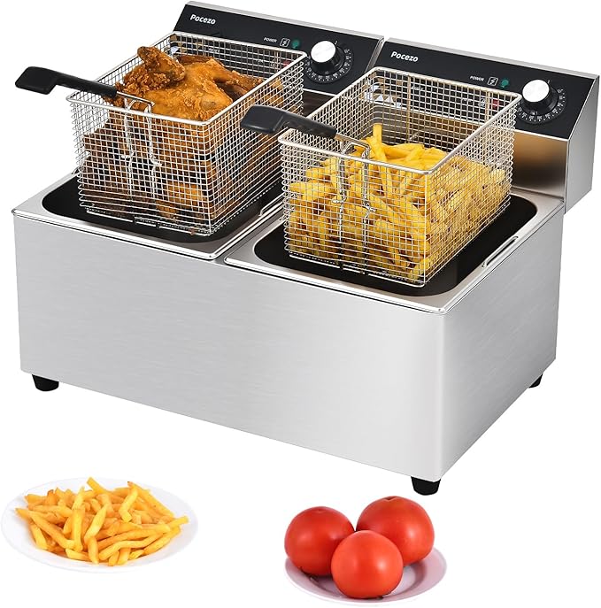 Deep Fryer with Basket, 3400w 14Qt Oil Tank/ 6.7Qt Basket x 2, 0.6mm Thickened Stainless Steel Countertop Electric Fryer for Home and Commercial Use, Oil Fryer with Double Overheat Protection