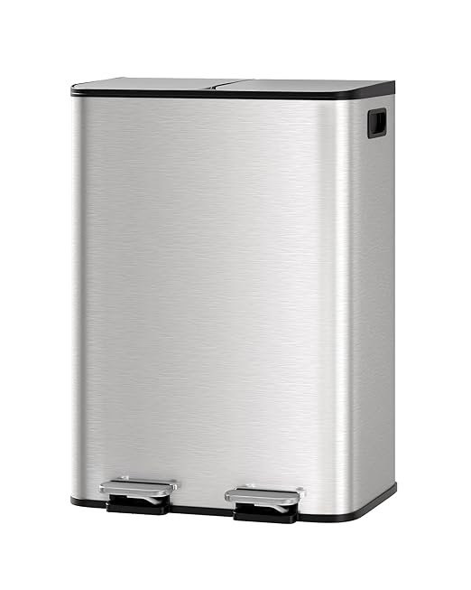 Garvee Trash Can, 2 x 8 gal (2 x 30 L) Garbage Can for Kitchen Dual Compartment Recycling Kitchen Step Trash Bin, Stainless Steel Trash and Recycle Bin Combo with Soft-Close Lid,Silver