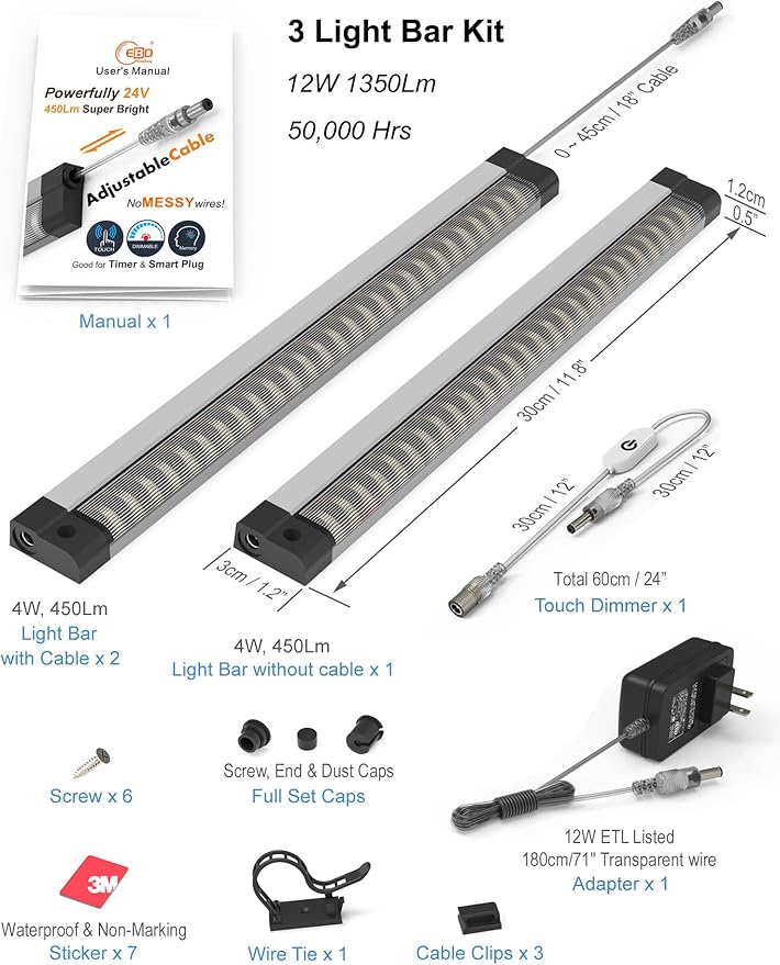 LED Under Cabinet Lighting Touch cabinet light Built-in Adjustable Cable No MESSY Wires! 3 Panel Counter Lights for Kitchen Garage Pantry Closet 3000K 1350Lm Super Bright Good for Timer Smart Plug