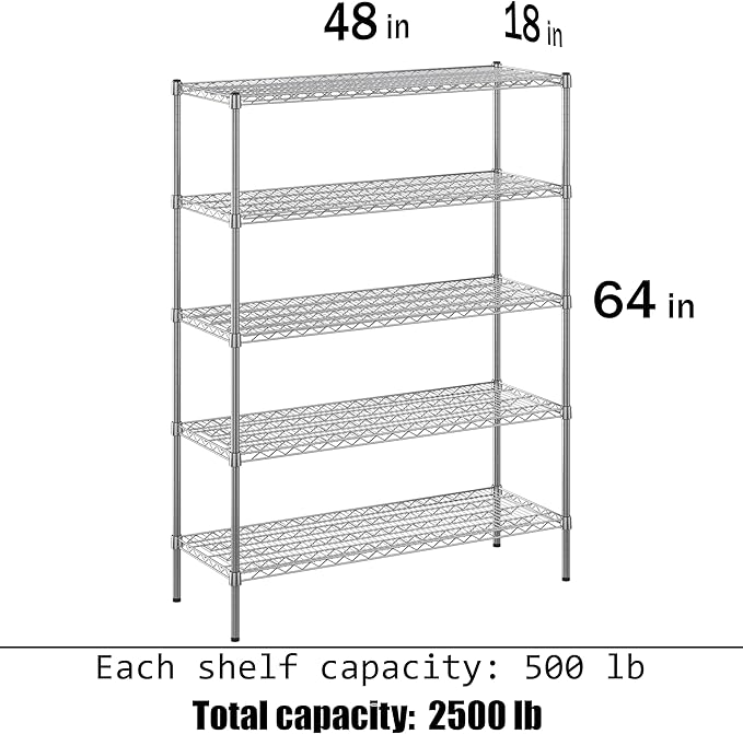 18" Deep x 48" Wide x 64" Height Wire Shelving Kit | 5-Tier | NSF Commercial Storage Rack Unit