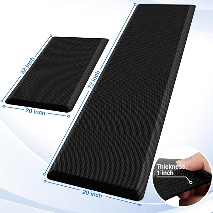StepRite Kitchen Mats, 2PCS Kitchen Rugs, Cushioned Anti Fatigue Kitchen Mats for Floor, Non-Slip Standing Desk Mat, Waterproof Kitchen Rug Set for Kitchen, 20" x 32"+20" x 72"-Full 1 inch Thick,Black
