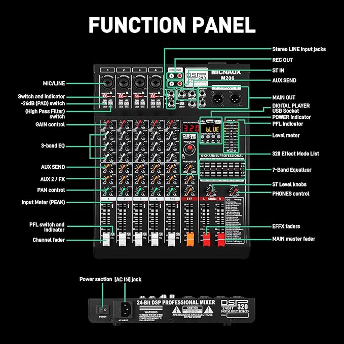 Audio Mixer 6 Channel Professional Sound Console Music Mixer with 320 DSP Effects, 7-band EQ DJ Mixing Board w/USB, Bluetooth, 48V Power Supply, PAD Button for Recording Karaoke PA Drum Live