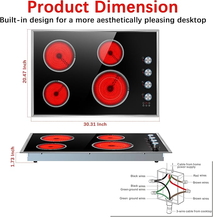 30 Inch Electric Cooktop, 4 Burner Electric Stove Top with Knob Control, 6700W Stove Top Burner with Overheat Protection, Child Lock, Timer, Durable Metal Frame, Bulit-in Glass Top 220-240V Hardwired
