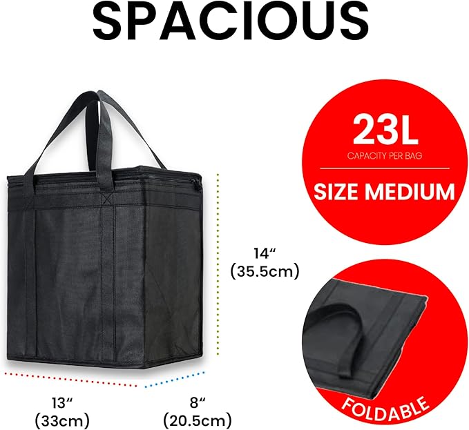 NZ home Insulated Cooler Bag and Food Warmer (Medium, 2 pack) for Food Delivery & Grocery Shopping with Zippered Top, Black