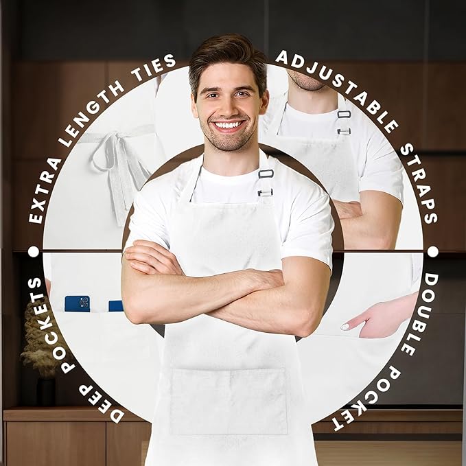 Adjustable Bib Apron 100% Polyester Kitchen Aprons Waterdrop Resistant Aprons with Adjustable Strap, Pockets & Long Ties