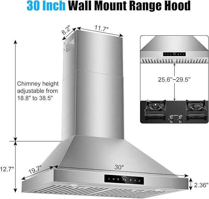 30 inch Range Hood Wall Mount, 1200 CFM with 4-Speed Gesture Sensing & Touch Control, Stainless Steel Ducted Kitchen Stove Vent Hoods with 2 LED Lights, Time Setting, Dishwasher-Safe Baffle Filters