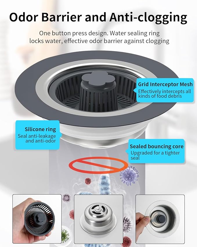3 in 1 Kitchen Sink Drain Strainer [Premium PP Basket] Anti-Clogging Kitchen Sink Drain Stopper Stainless Steel Efficiently Drainage Odor Filter Sink Plug for Us Standard 3-1/2 Inch
