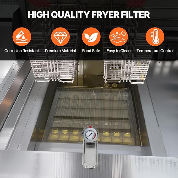 Commercial TK45 Deep Fryer Filter, 13.5" x 13.5" 304 Stainless Steel Filter Screen with Thermometer, Extend Oil Life by 40%, 550 Micron Skimmer Fryer Strainer for Kitchens & Restaurants