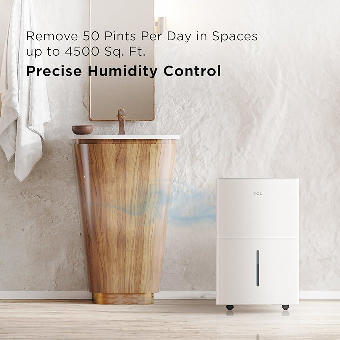 TCL 4,500 Sq. Ft. Smart Dehumidifier, Energy Star, 50 Pints Per Day, Moisture & Humidity Absorber for Bedroom, Bathroom, Basement & Other Rooms, Works with Alexa/Google Assistant