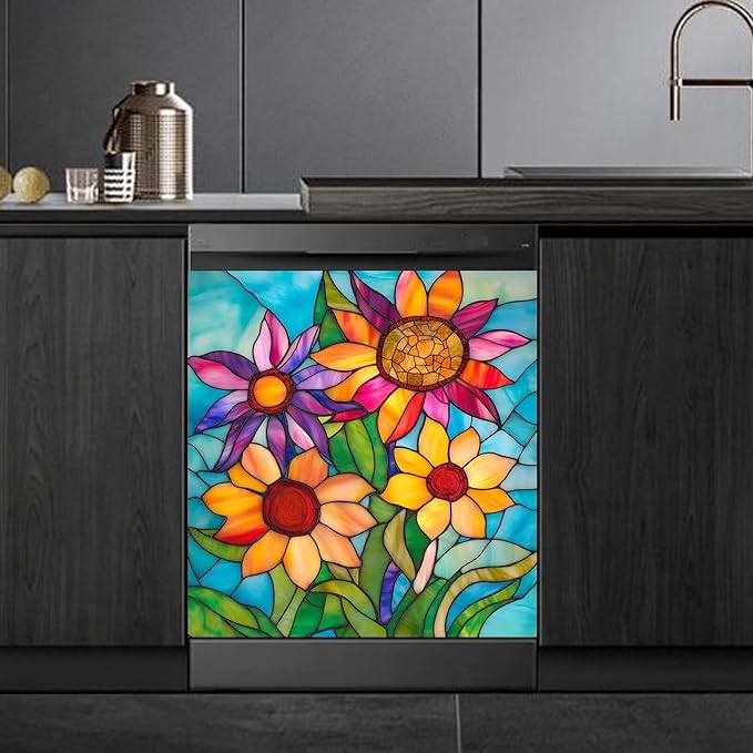 Farmhouse Stained Glass Sunflower Dishwasher Magnet Cover,Pastoral Flowers Magnetic Dishwasher Cover Vinyl Sticker,Fridge Door Cover Magnets Art Skin Panel Decal,Home Decor Decal,23"X26"