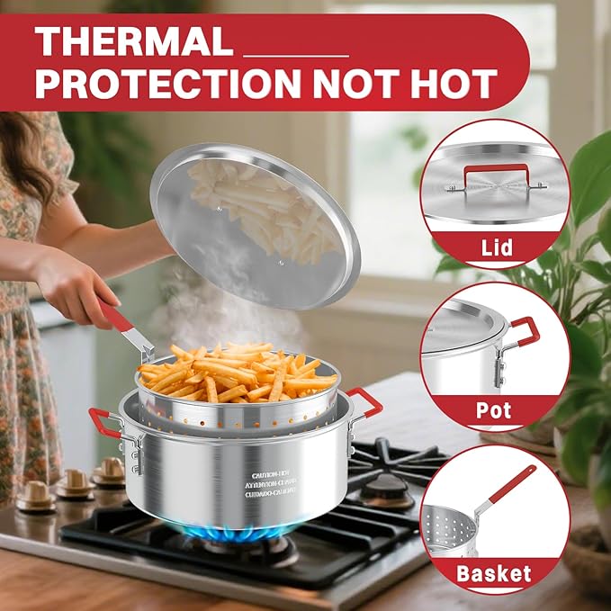 10QT Fish Fryer Pot with Lid | 9inch Fryer Tong | 8QT Basket | 6inch Thermometer | 50,000 BTU Propane Burner | Outdoor Deep Fryer | Ideal for Frying Fish | French Fries | Chicken Wings