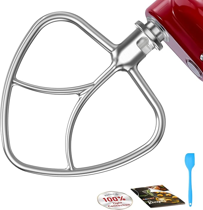 Premium Stainless Steel 5qt Flat Beater for Kitchenaid 4.5-5QT Tilt-Head Mixer, Polished Smooth Uncoated,Thoroughly Mixing with 0% Residue&Stable Operation, Dishwasher Safe, Durability,Recipes&Spatula