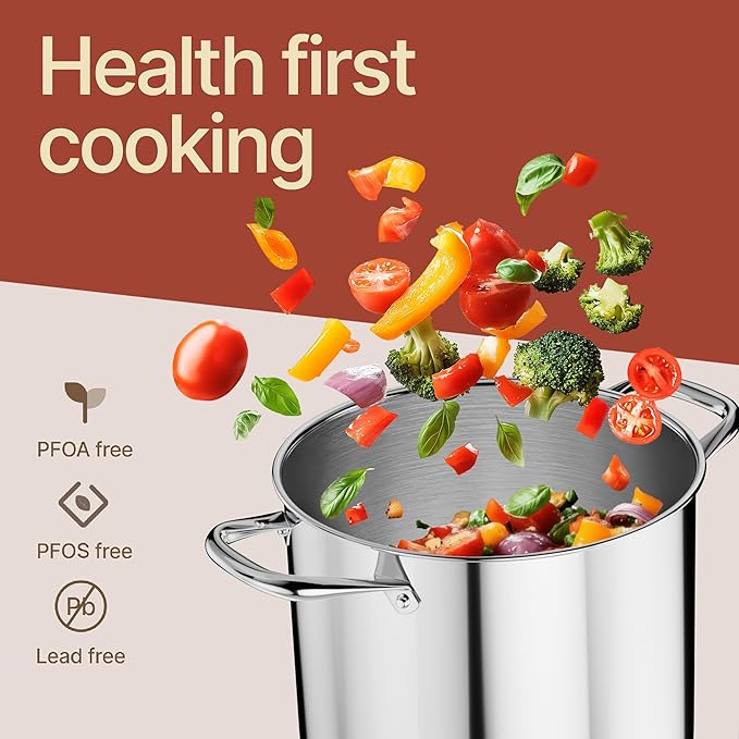 Stainless Steel Stockpot with Tempered Glass Lid 3 Quart, Durable 18/0 Stainless Steel, Impact-Bonded Base for Even Heating, Riveted Handles, Oven & All Stove Compatible, Safe Up To 500°F (260°C)