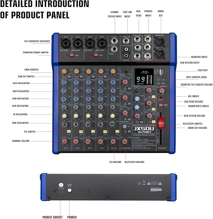 Audio Mixer, 10-Channel DJ Mixer Bluetooth Studio Mixing Board Audio with 99 DSP Effects USB Drive+48V Phantom Power, XLR Microphone Jack Professional Mixer For Karaoke Studio Streaming