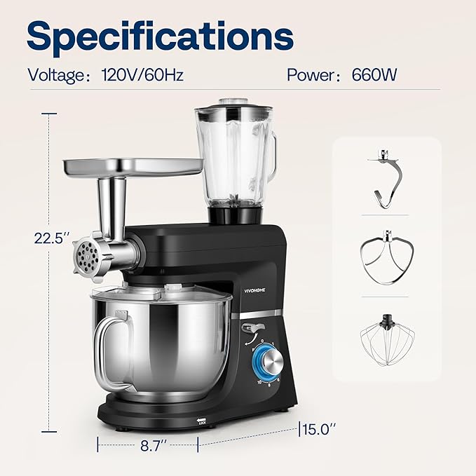 VIVOHOME 6-in-1 Stand Mixer, 8.5 Quart Electric Tilt-Head Kitchen Mixer with Bowl, Multifunctional Food Mixer for Cake, Bread, and Dough, with Meat Grinder, Blender, Pasta Maker Attachments, Black