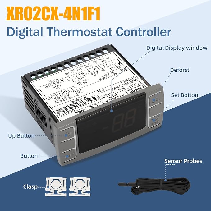 for Dixell XR02CX-4N1F1 Temperature Controllers, Programmable Digital Thermostat with Sensor Probe Fit for 120V 50-60hz Commercial Refrigerators/Freezer (Includes Mounting Hardware)