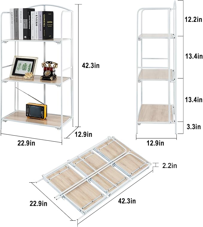 Crofy No Assembly Folding Bookshelf for Living Room, 3 Tier White Collapsible Book Shelf for Home Office, Portable Bookcase Storage Organizer