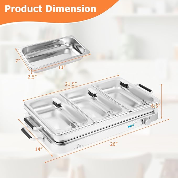 Giantex Buffet Server & Electric Food Warmer, 2-in-1 Food Warming Tray, Adjustable Temperature, 3 Food Pans with Lids, Dishwasher Safe, 8 QT Stainless Steel Chafing Dishes for Parties Holiday Events