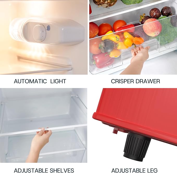 Upstreman 7.7 Cu Ft Refrigerator with Freezer, Double Door Fridge with Adjustable Thermostat Reversible Door, Large Capacity Refrigerator for Apartment, Dorm, Office, Kitchen, Red (BD-75)