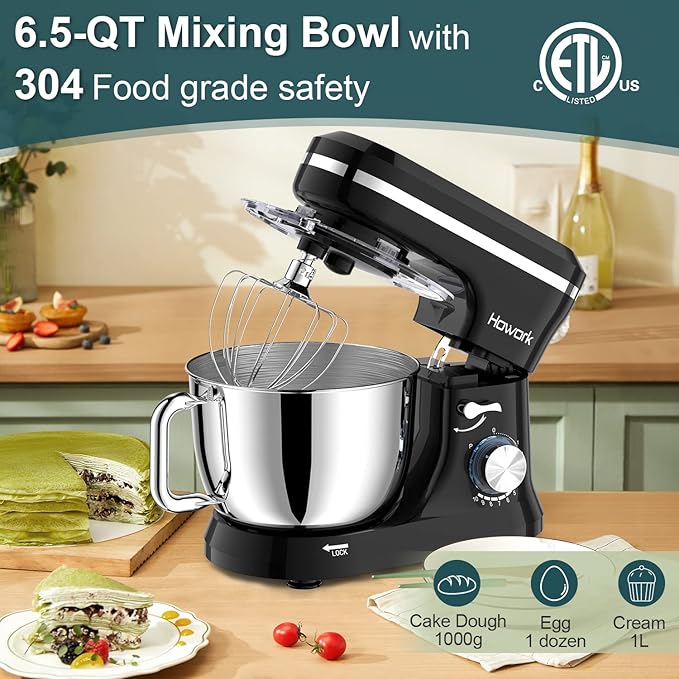 HOWORK Electric Stand Mixer,10+p Speeds Kitchen Mixer With 6.5QT Stainless Steel Bowl,Dough Hook, Wire Whip & Beater,for Most Home Cooks(Black)